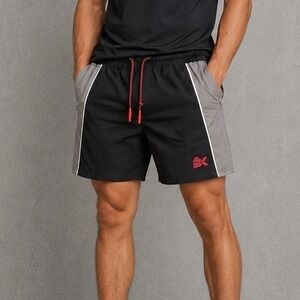 BK Mens Athletic Colorblock Shorts Black Grey Red Zipper Pocket Size Small